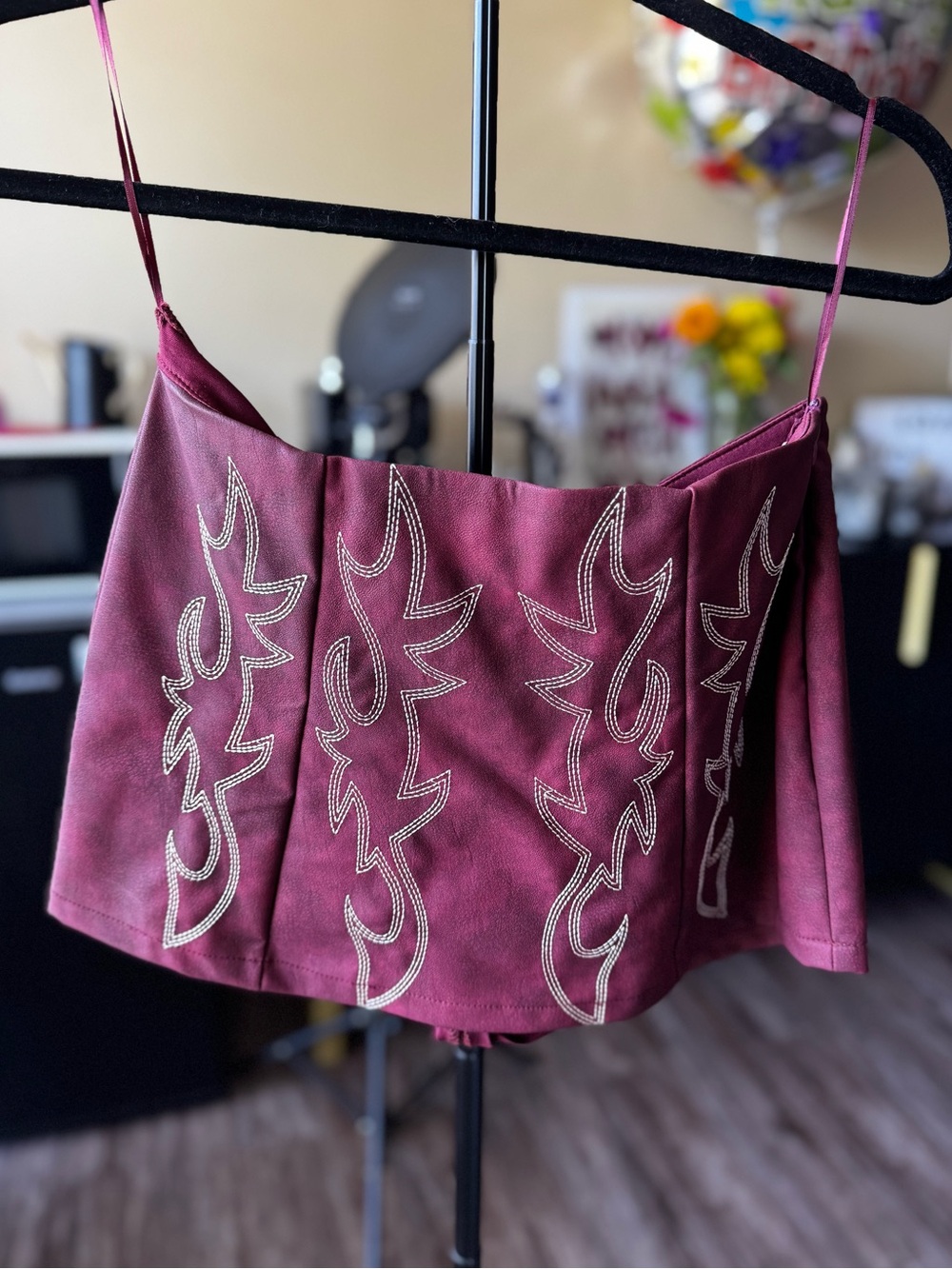 Women’s Burgundy Embroidered Mini Skirt — Stylish Crop Silhouette